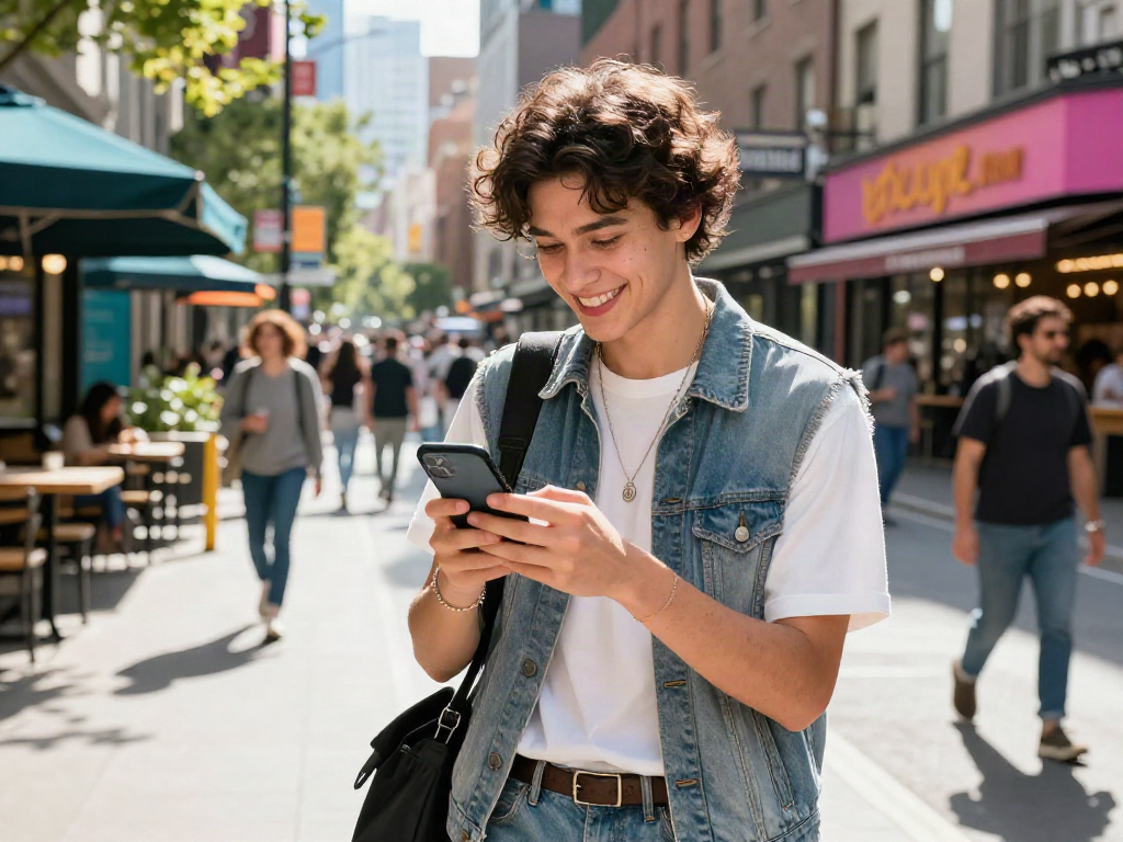 Test attractiveness with a confident young adult checking results in a vibrant urban setting.