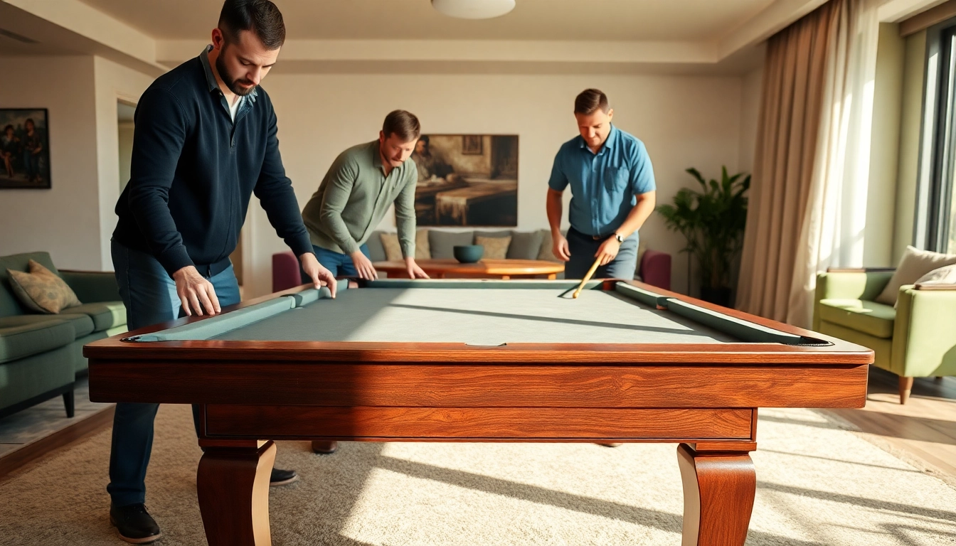Expert game table movers services showcasing careful disassembly of a slate pool table in a bright living room.