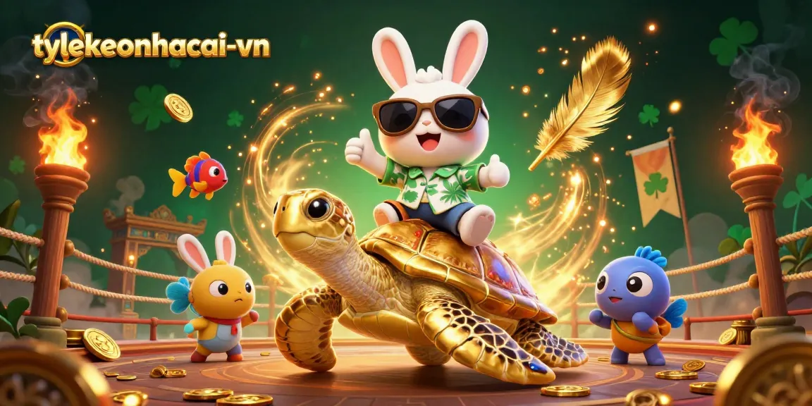 Engage with the thrilling scene of tylekeonhacai-vn, featuring a lucky rabbit and a golden sea turtle amidst a vibrant casino landscape.