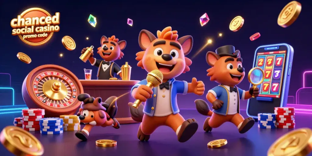 Players enjoy fun games with the chanced social casino promo code as hyenas entertain in a vibrant casino.
