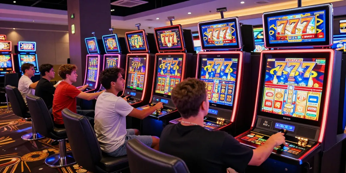 Excited players at 777 slot machines in a vibrant casino setting.