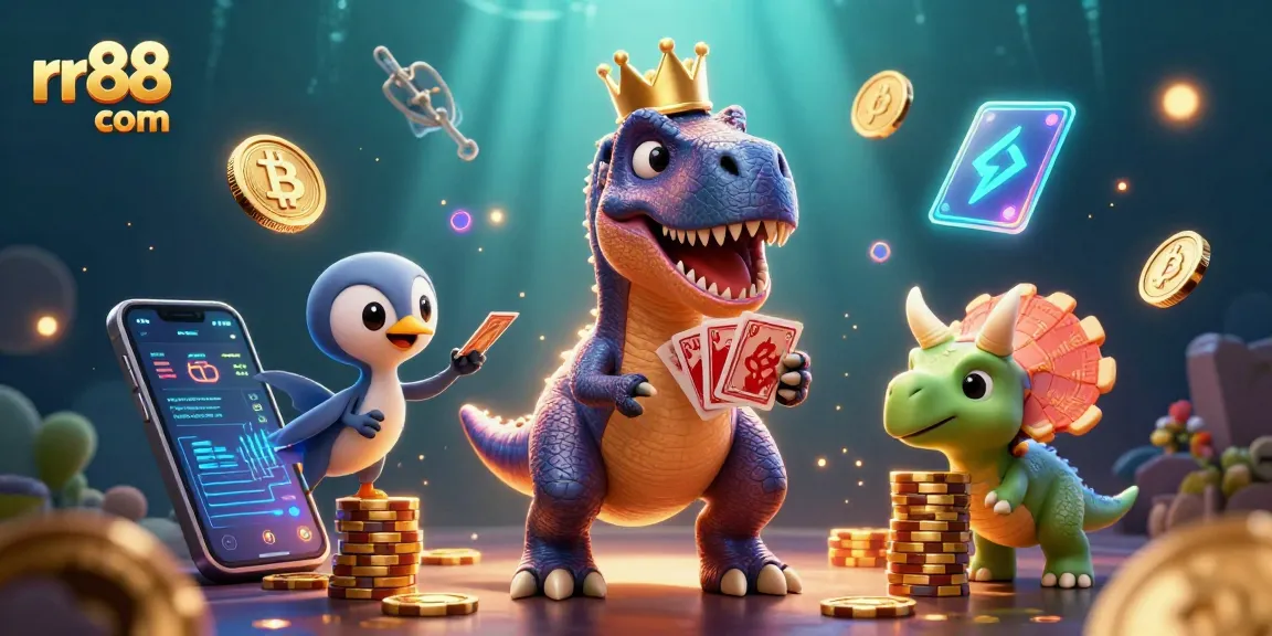 Experience thrilling gameplay at rr88 com with T-Rex shuffling cards alongside engaging characters.