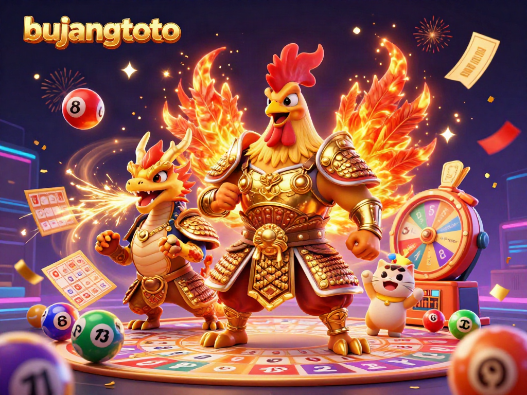 Experience the thrill with bujangtoto showcasing a dynamic lottery scene featuring unique characters and vibrant game elements.