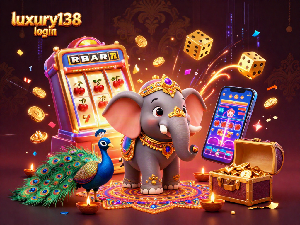 Login luxury138 dengan elemen slot yang bertabur koin emas dan efek cahaya.