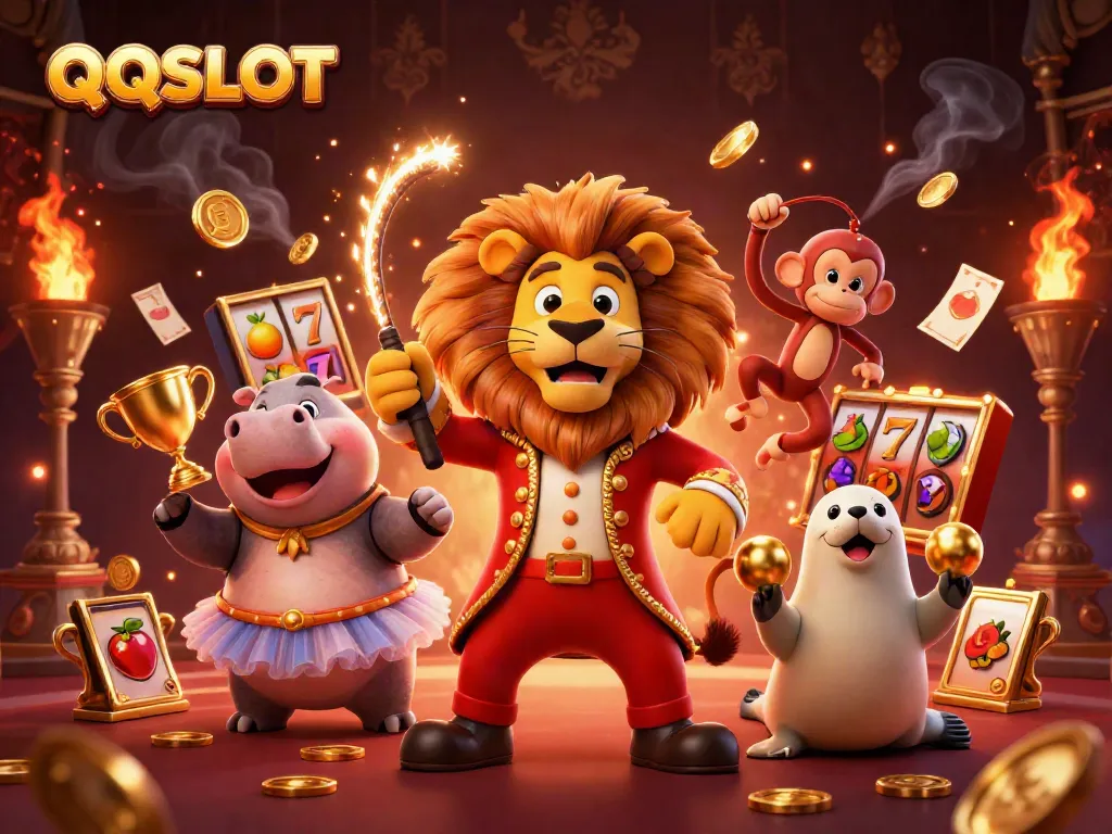 Experience thrilling wins with QQSLOT as slot reels and characters create a vibrant casino scene.