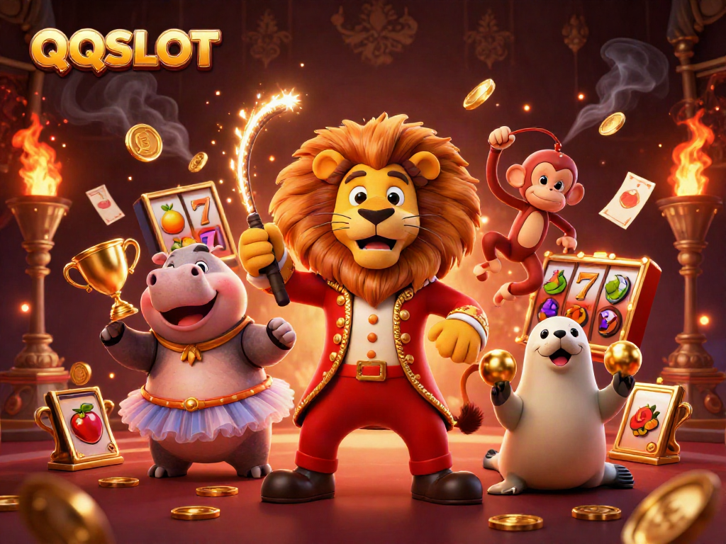 Experience thrilling wins with QQSLOT as slot reels and characters create a vibrant casino scene.