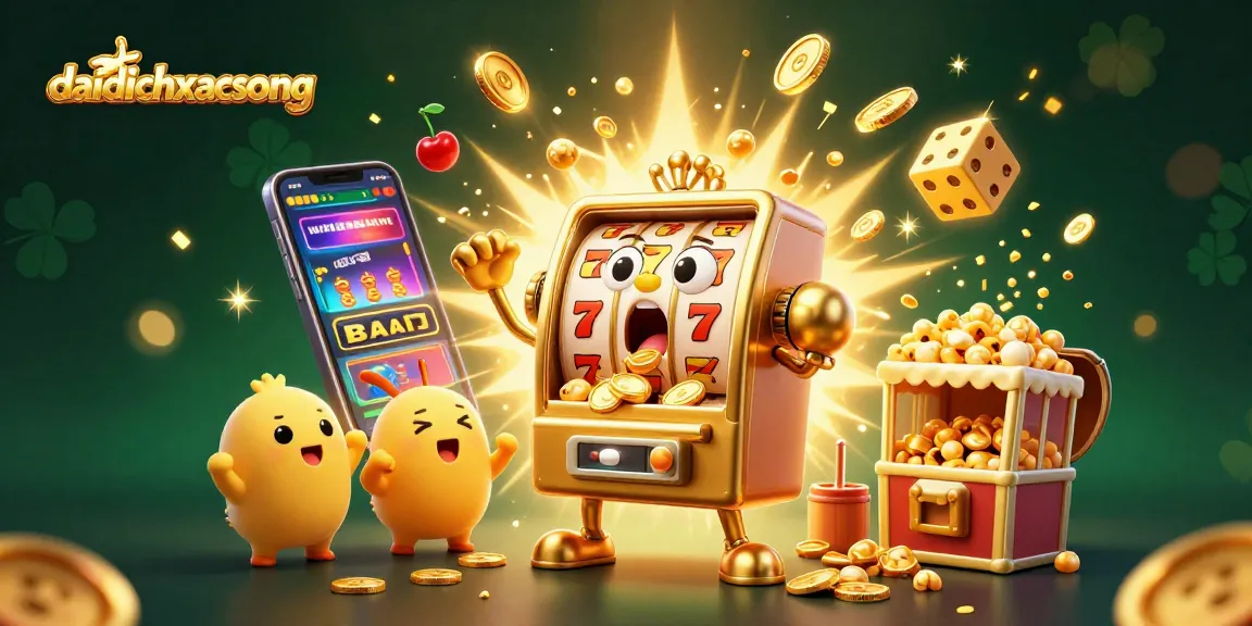 Daidichxacsong slots scene with a golden machine celebrating a jackpot amidst flying coins.