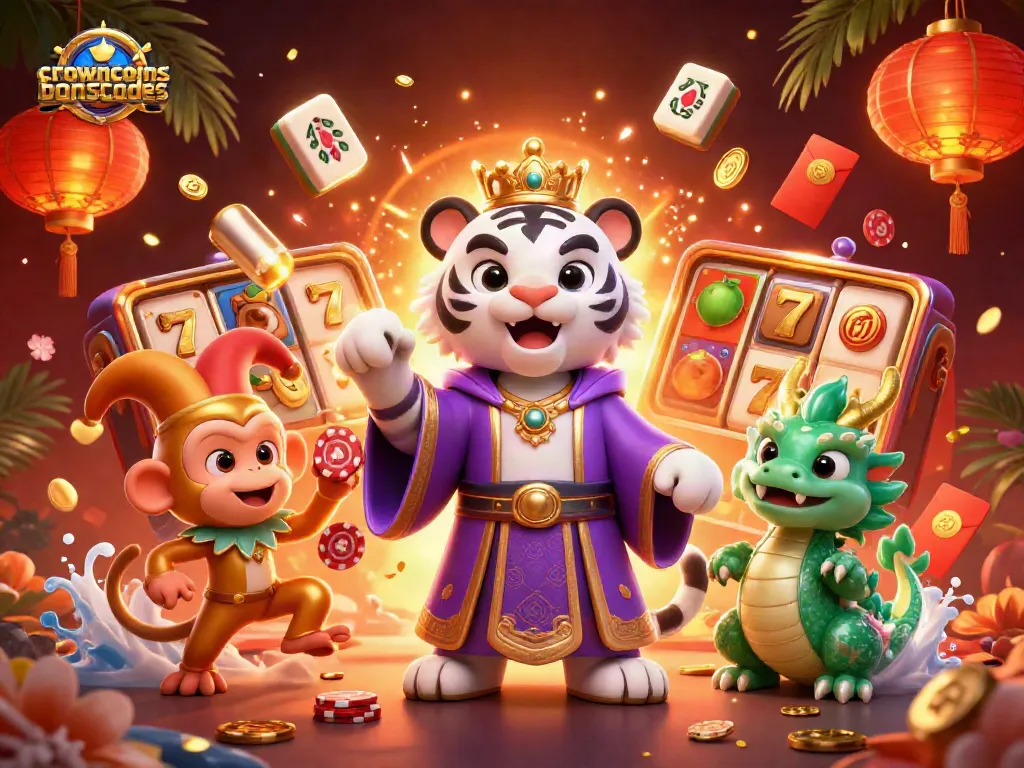 Crowncoinsbonuscodes showcases a vibrant 3D casino scene with a white tiger, golden monkey, and jade dragon in action.