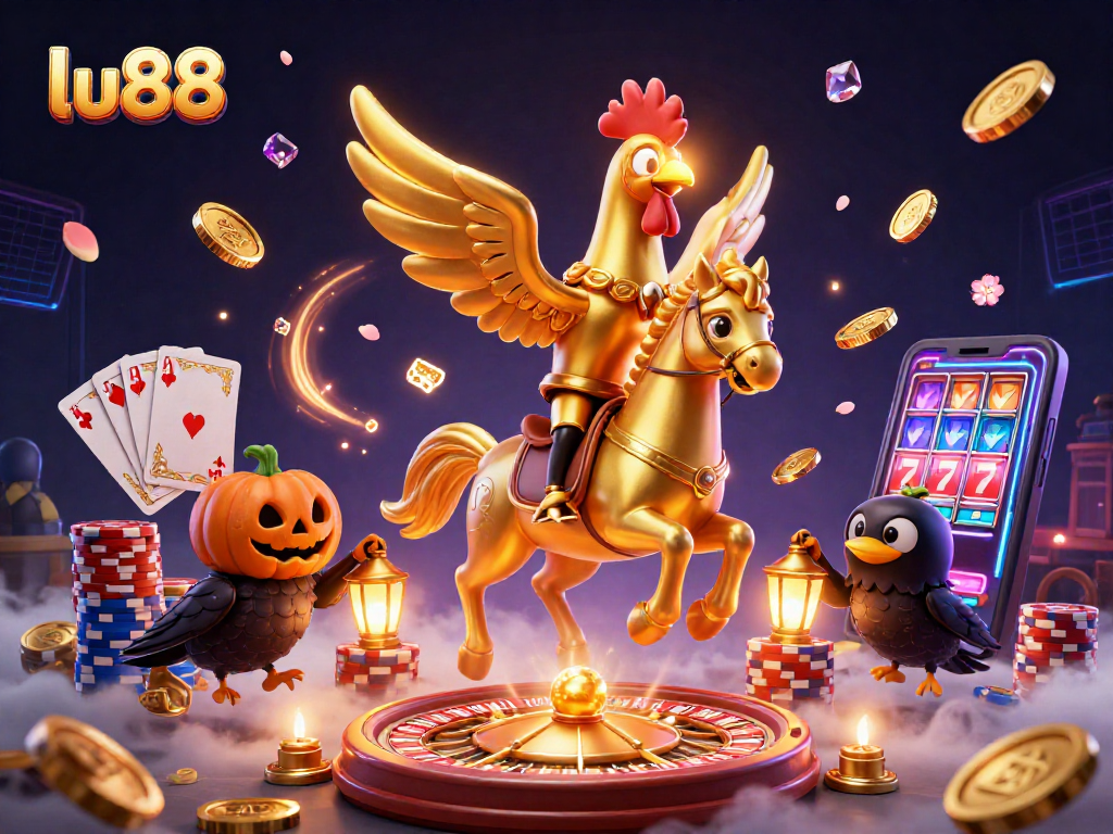 Experience the excitement of lu88 with a dynamic 3D illustration of a golden rooster in a casino atmosphere.