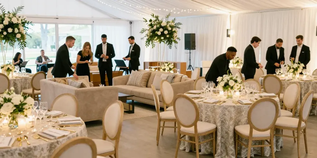 Event furniture rental setup with elegant chairs and tables arranged for a stylish gathering