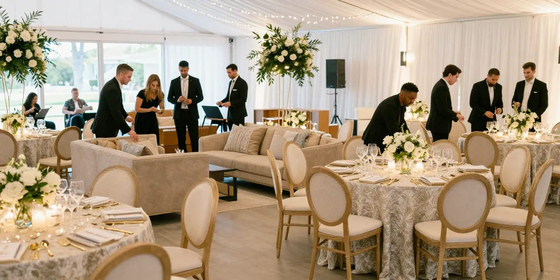 Event furniture rental setup with elegant chairs and tables arranged for a stylish gathering