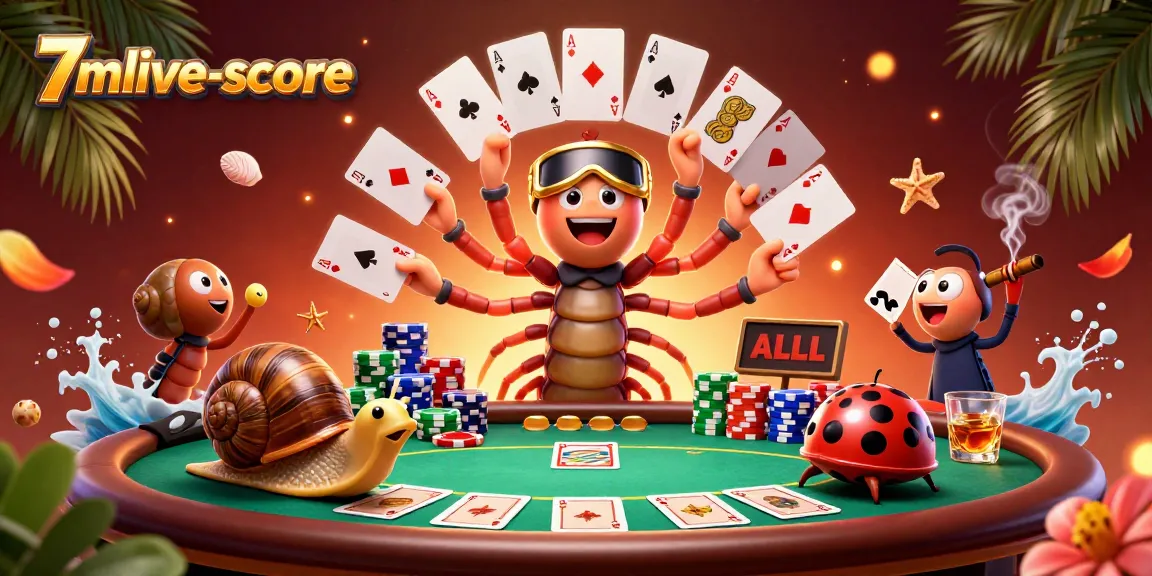 Experience the excitement of gambling at 7mlive-score with animated characters around a vibrant poker scene.