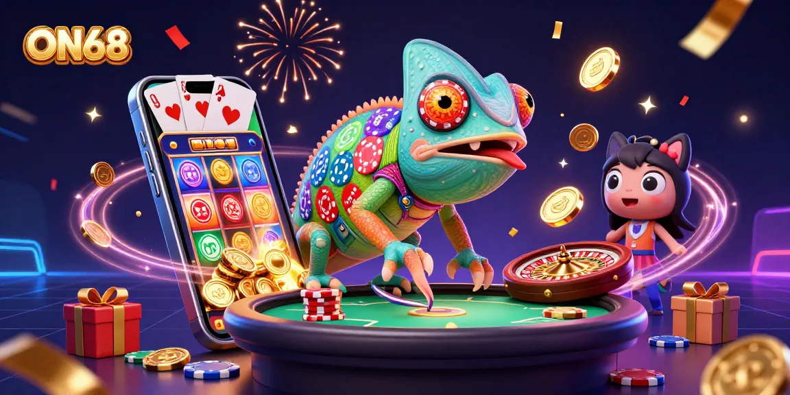 Join the excitement at ON68 as the chameleon casino owner captures golden coins in a vibrant gaming environment.