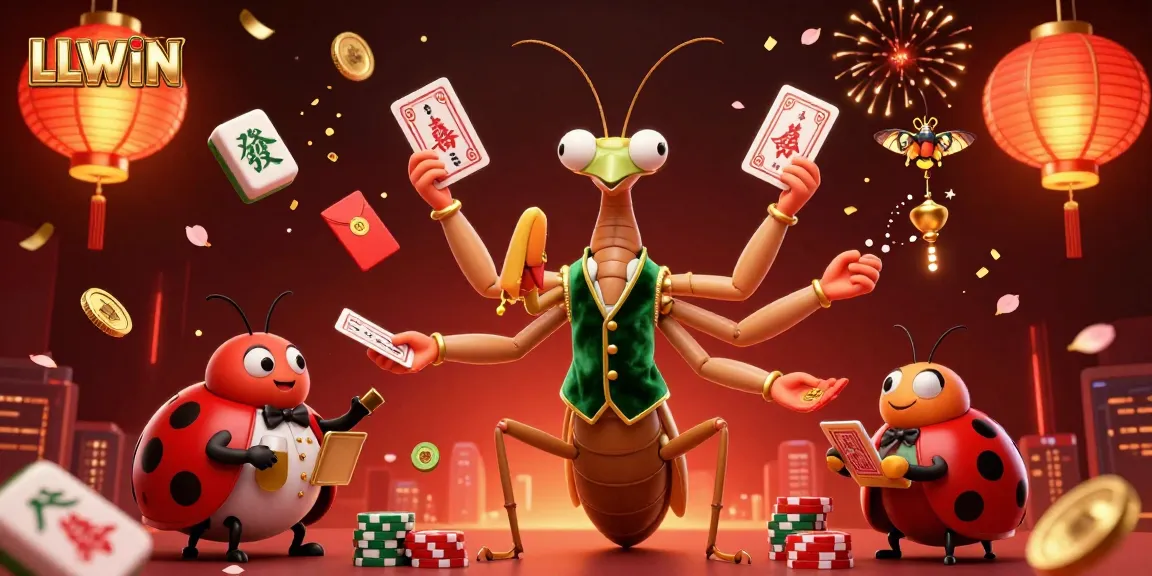 LLWIN promotes an engaging scene with a giant praying mantis and ladybug in a vibrant casino setting, showcasing a lively gaming atmosphere.