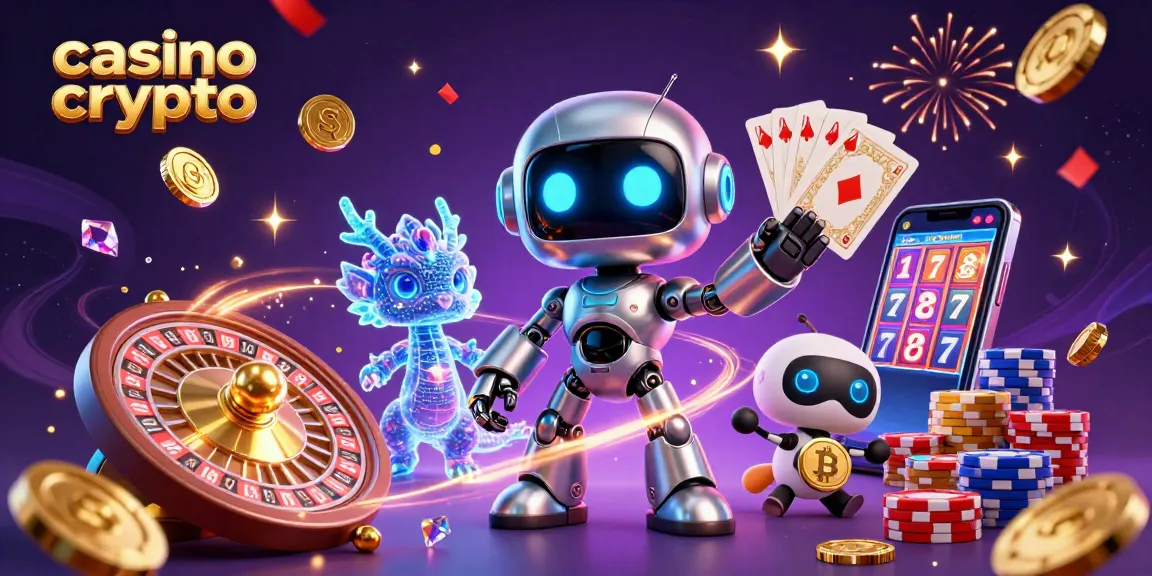 Experimente la emoción del casino crypto con un robot y un dragón holográfico en una ilustración vibrante.