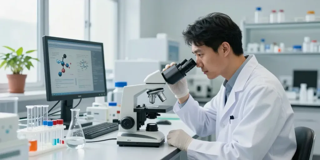 Scientist analyzing klow peptide in a bright laboratory, showcasing innovative research.