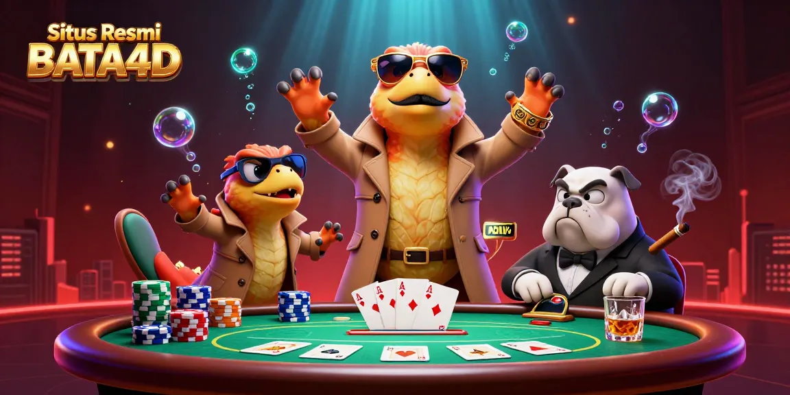 Situs Resmi BATA4D captures action-packed scene with raptors in a trench coat and bulldog bouncer amidst poker chaos.
