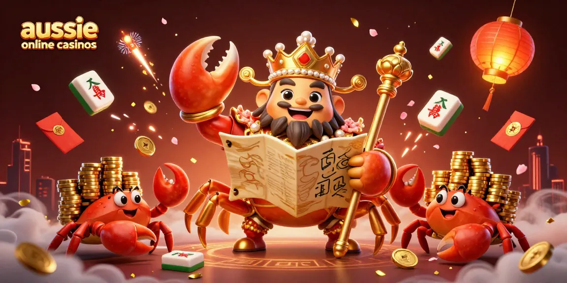 Aussie online casinos offer an exciting landscape featuring a golden crab emperor and vibrant casino elements.