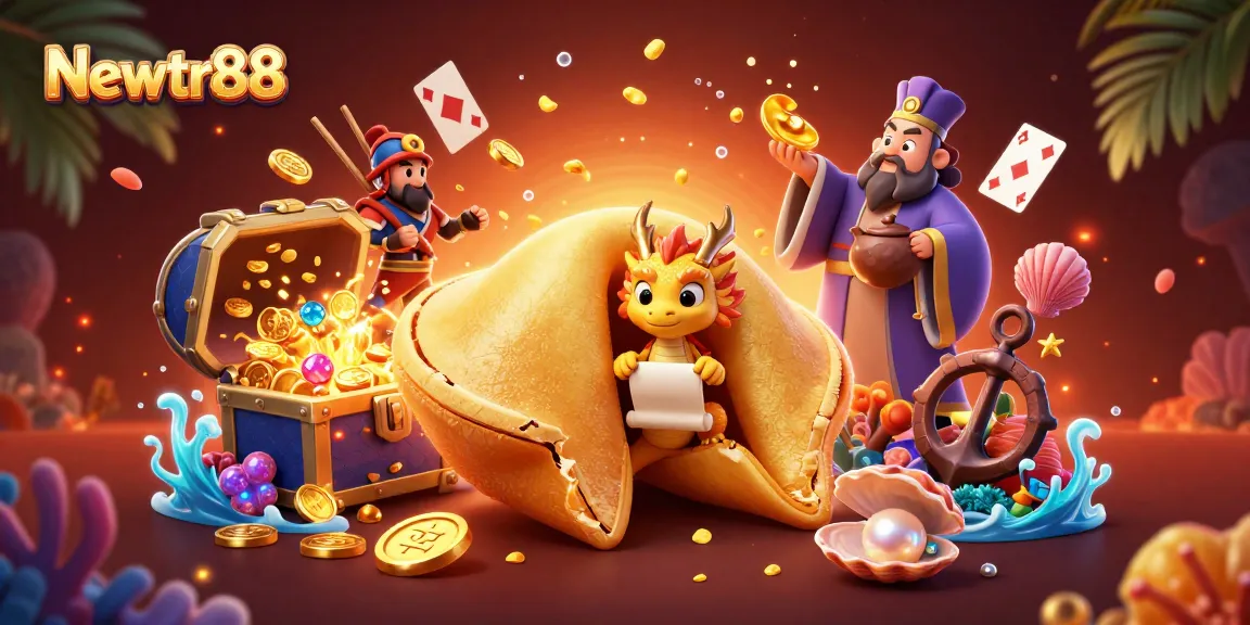 Engage with the thrilling scenes of Newtr88 casino, featuring floating cards and a wise dragon.