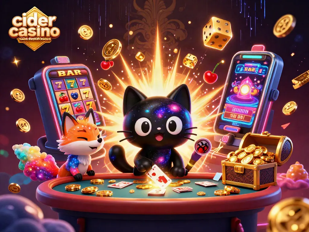 Cider casino reward code no deposit bonus highlighted in a vibrant cosmic casino scene featuring a cartoon black hole cat.