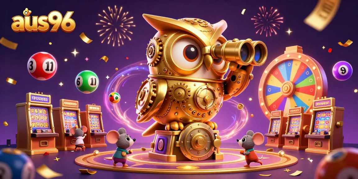 Experience the excitement of aus96's dynamic casino floor with vibrant gaming elements and festive atmosphere.