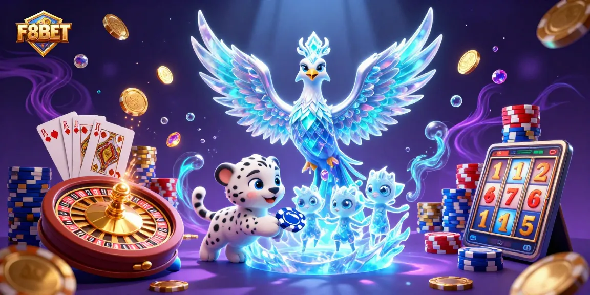 Join F8BET's thrilling adventure with an ice phoenix, leopard, and magical elements in a vibrant casino.