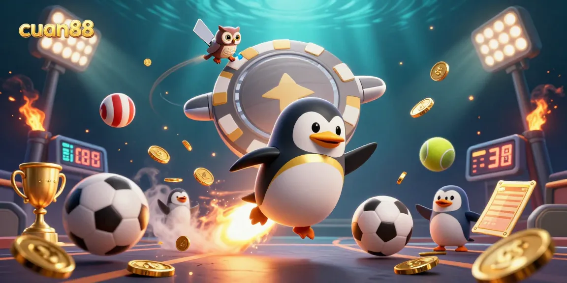 Memenangkan jackpot di cuan88 dengan penguin emas luar angkasa yang dikelilingi bola olahraga dan koin emas.