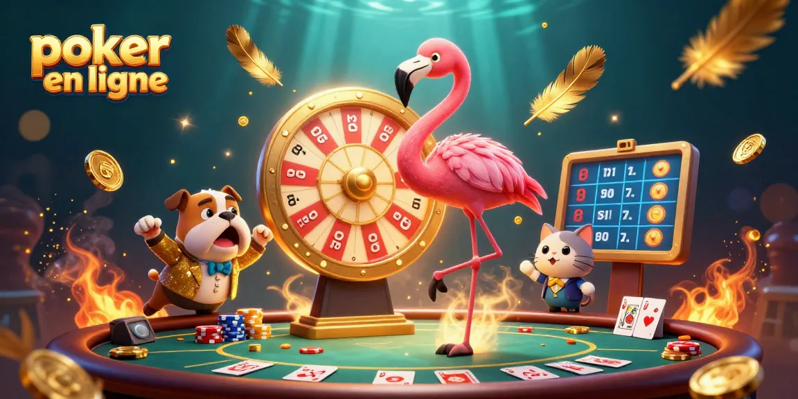 Jouer au poker en ligne avec des personnages colorés et des jetons entourés d'effets de lumière.
