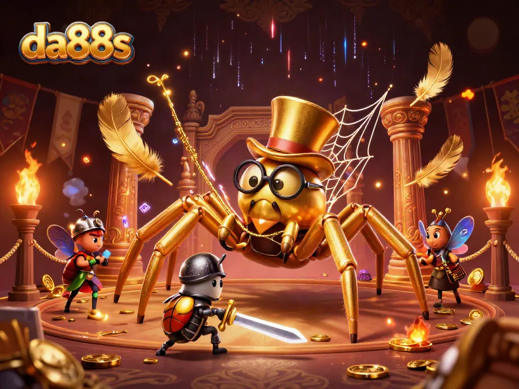 Experience thrilling gaming at da88s with a golden tarantula and brave beetle knight amidst casino excitement.