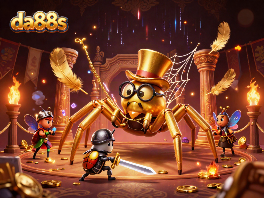 Experience thrilling gaming at da88s with a golden tarantula and brave beetle knight amidst casino excitement.
