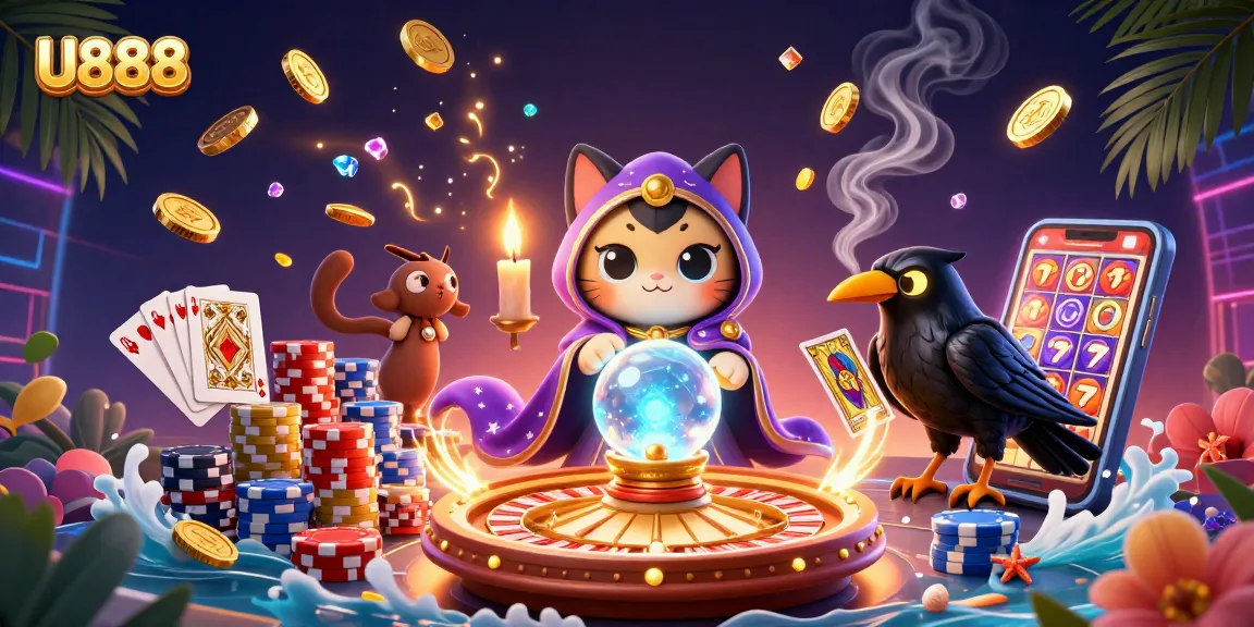 Win big at U888 with a vibrant scene of fortune teller cat, tarot raven, and poker elements.