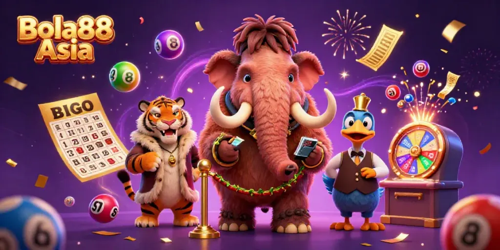 Join the fun at Bola88 Asia with a colorful scene of a woolly mammoth bouncer, saber-tooth tiger VIP guest, and dodo doorman!
