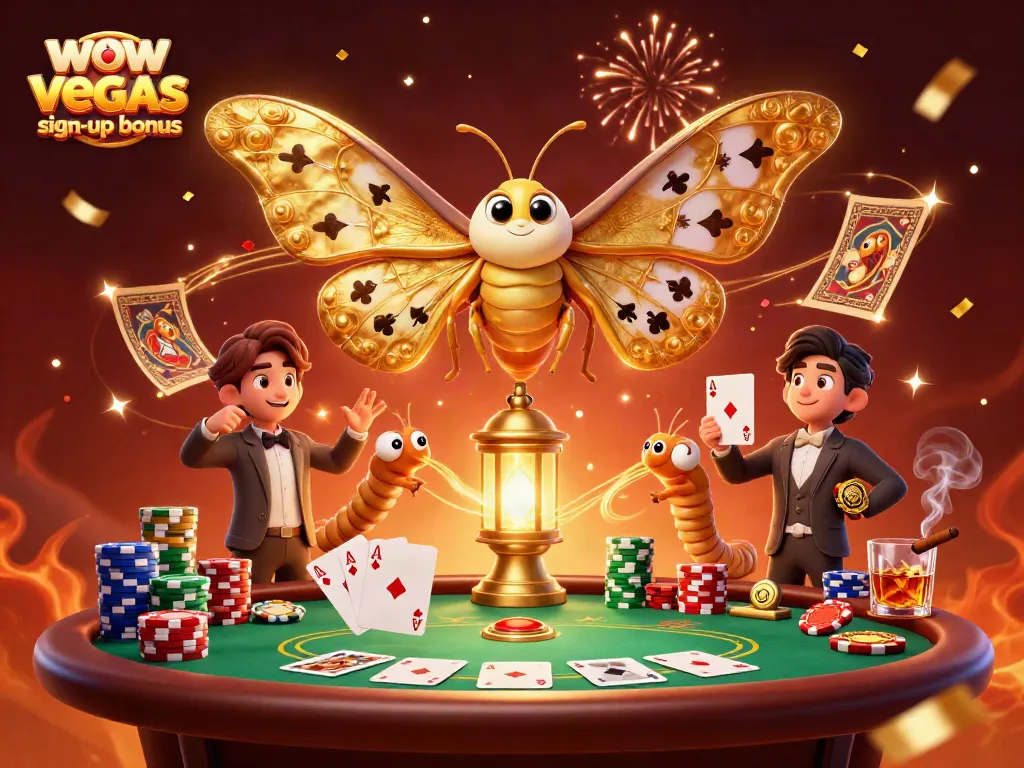 Claim your wow vegas sign-up bonus and enjoy a vibrant gaming atmosphere with winning cards and colorful coins.