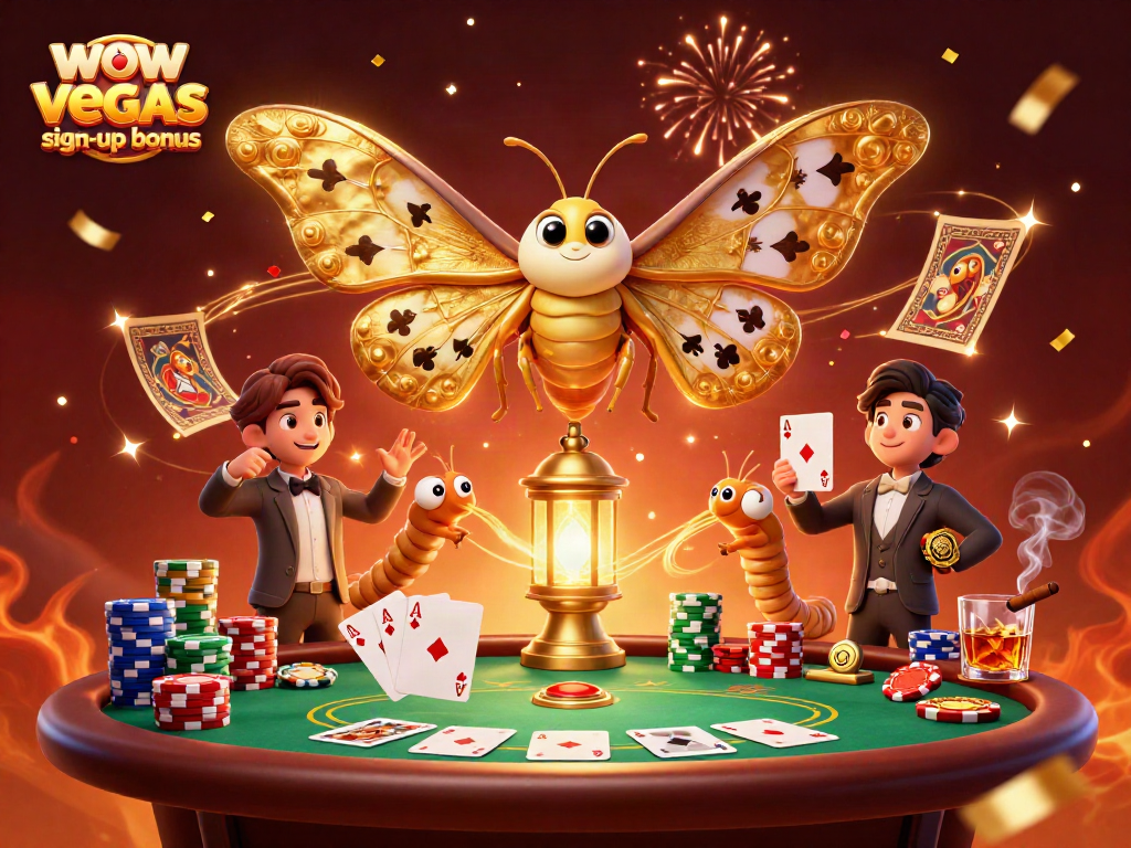 Claim your wow vegas sign-up bonus and enjoy a vibrant gaming atmosphere with winning cards and colorful coins.