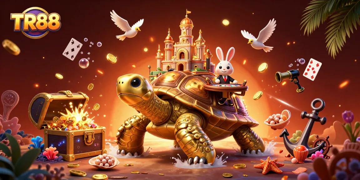 Experience TR88 with a lively casino scene featuring a golden tortoise and a rabbit dealer amidst stunning game elements.