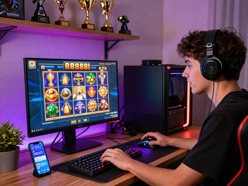 Exciting scene of a gamer playing slot88 games in a vibrant gaming setup with colorful graphics and accessories.