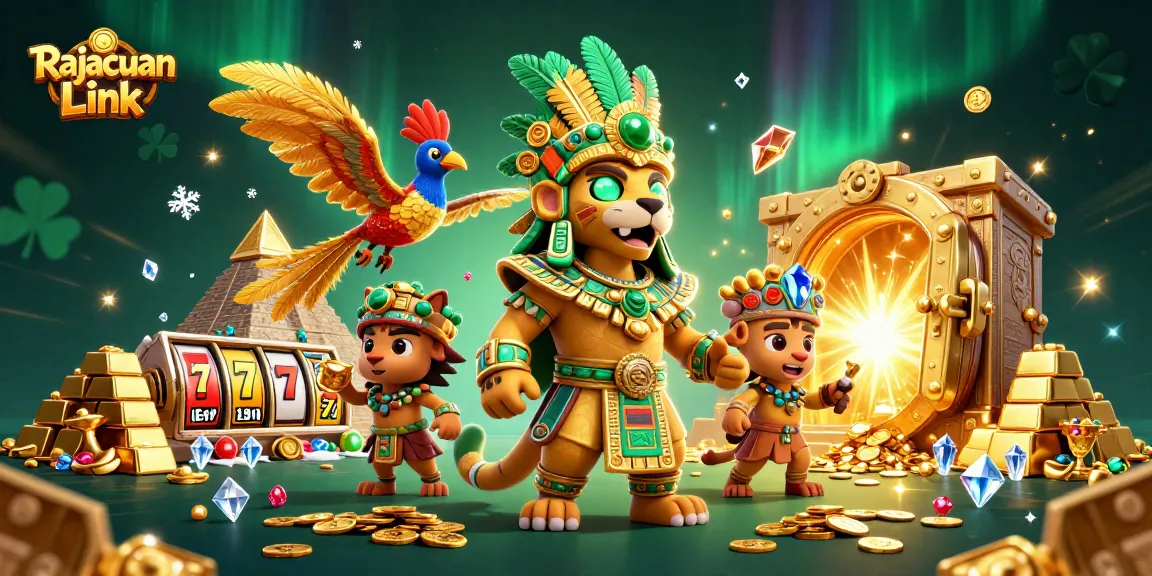 Gambarkan kemenangan besar di Rajacuan Link dengan simbol slot dan harta berkilauan yang melimpah.