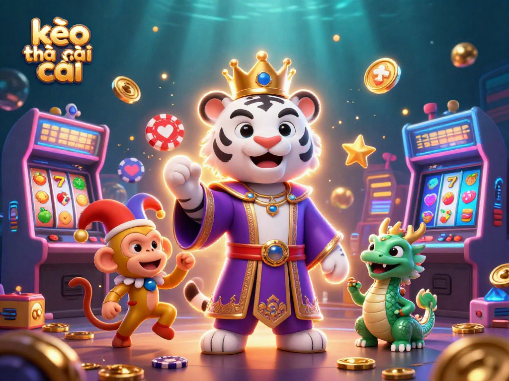 Experience vibrant gaming with kèo nhà cái featuring a majestic tiger, juggling monkey, and lively casino elements.