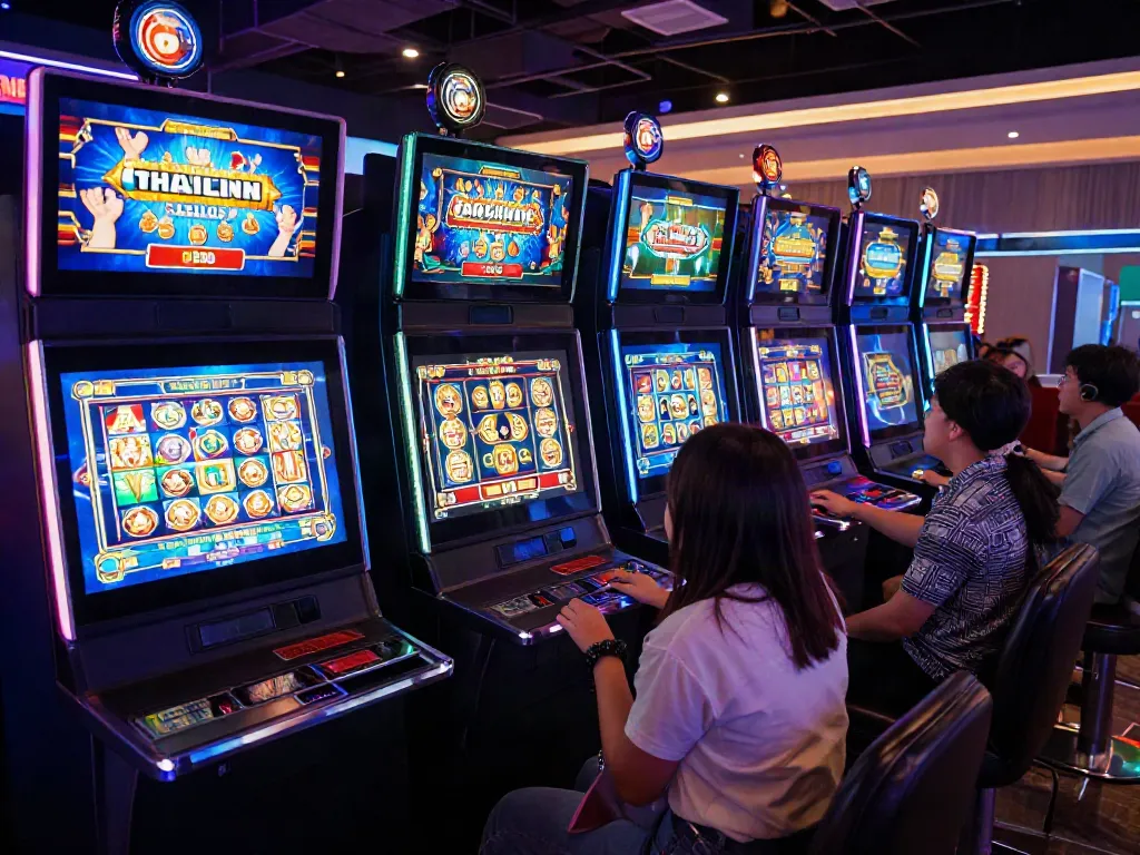 Players enjoying vibrant slot games at situs slot gacor thailand in an exciting online gaming setup.