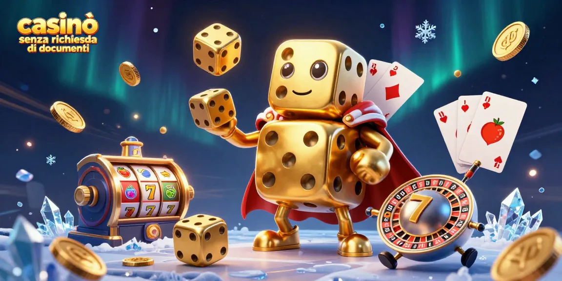 Azioni nel casinò senza richiesta di documenti con dadi dorati e simboli della fortuna.