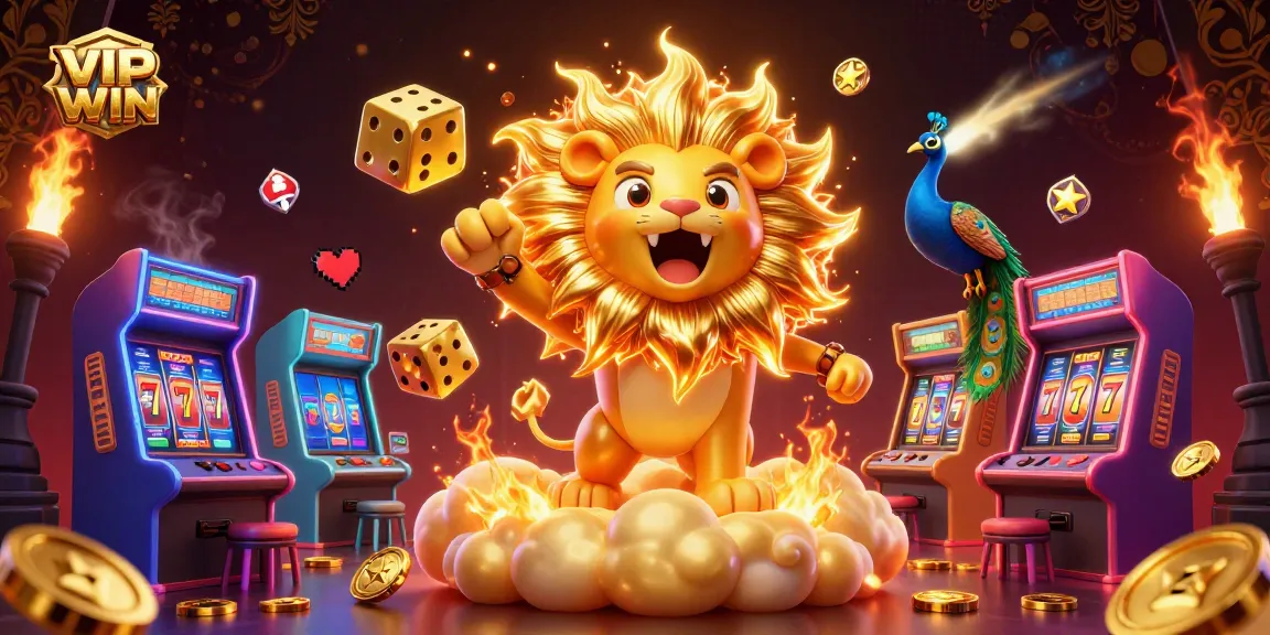 Spin the slots at VIPWIN with a dazzling lion and vibrant casino elements surrounding the action.
