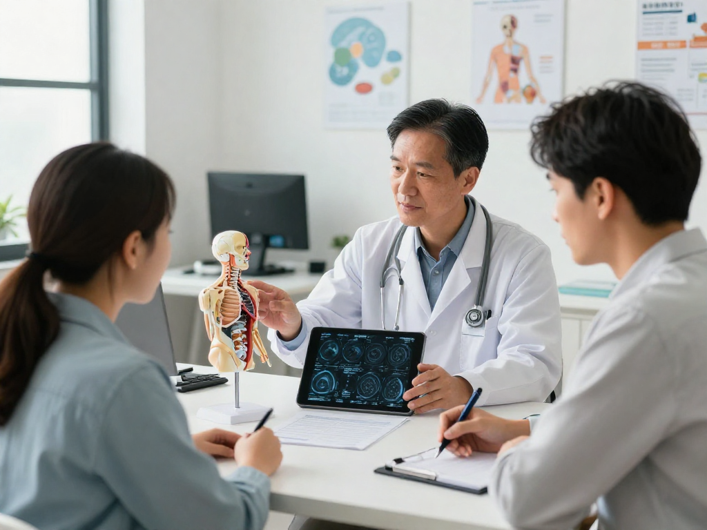 Doctor discussing Boyun fıtığı ameliyatı with a patient in a modern office.
