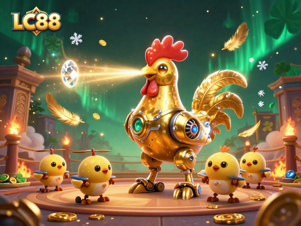Engage with exciting games at LC88 featuring a dynamic golden rooster robot and baby chick drones.