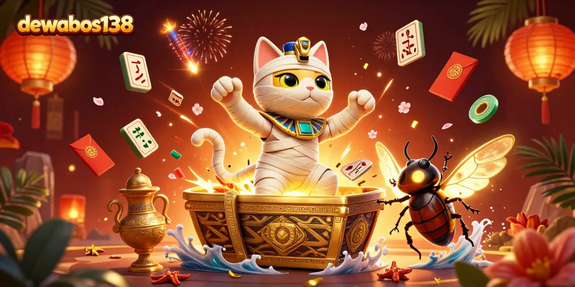 Experience big wins with dewabos138 at a vibrant pyramid casino scene featuring a mummy cat and glowing scarab.