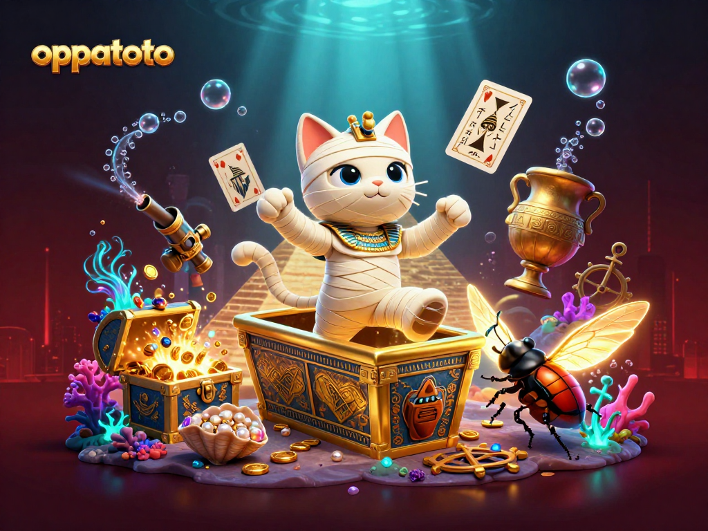 Experience the thrill of oppatoto with the Egyptian mummy cat and treasures in the vibrant casino scene.
