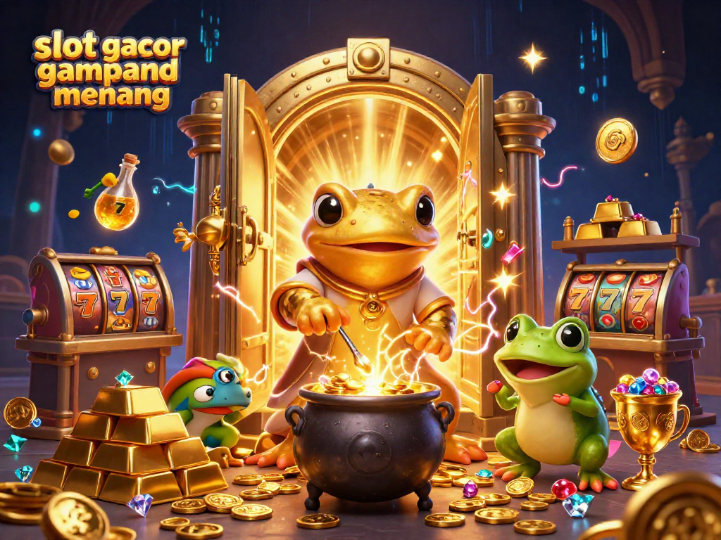 Experience high wins with slot gacor gampang menang illustrated in a magical casino scene full of gold and treasure.