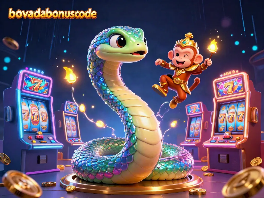 Engage with bovadabonuscode in a vibrant casino scene featuring a serpent, monkey king, and slot elements.