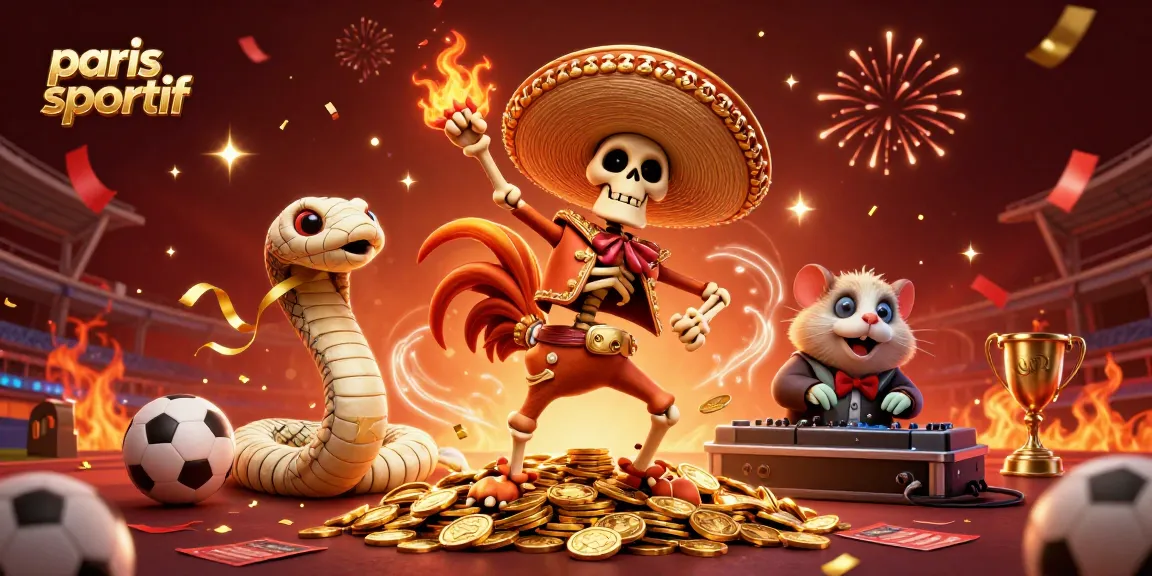 Les paris sportif avec un rooster mariachi et des éléments de trophée en scène festive.