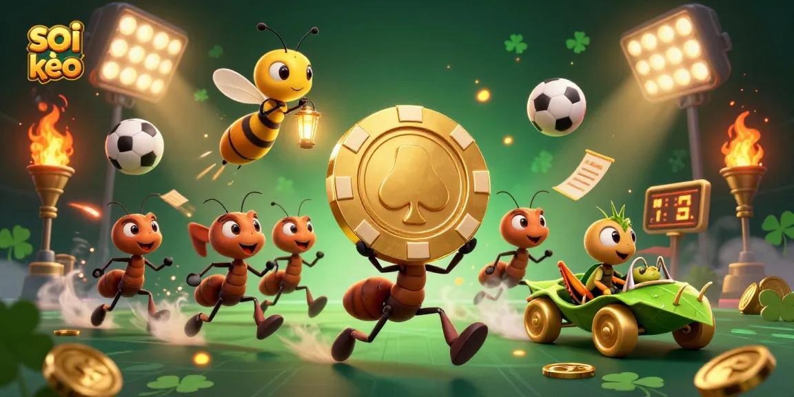 Engage in sports betting with soi kèo as ants carry a massive golden poker chip through a vibrant tunnel.