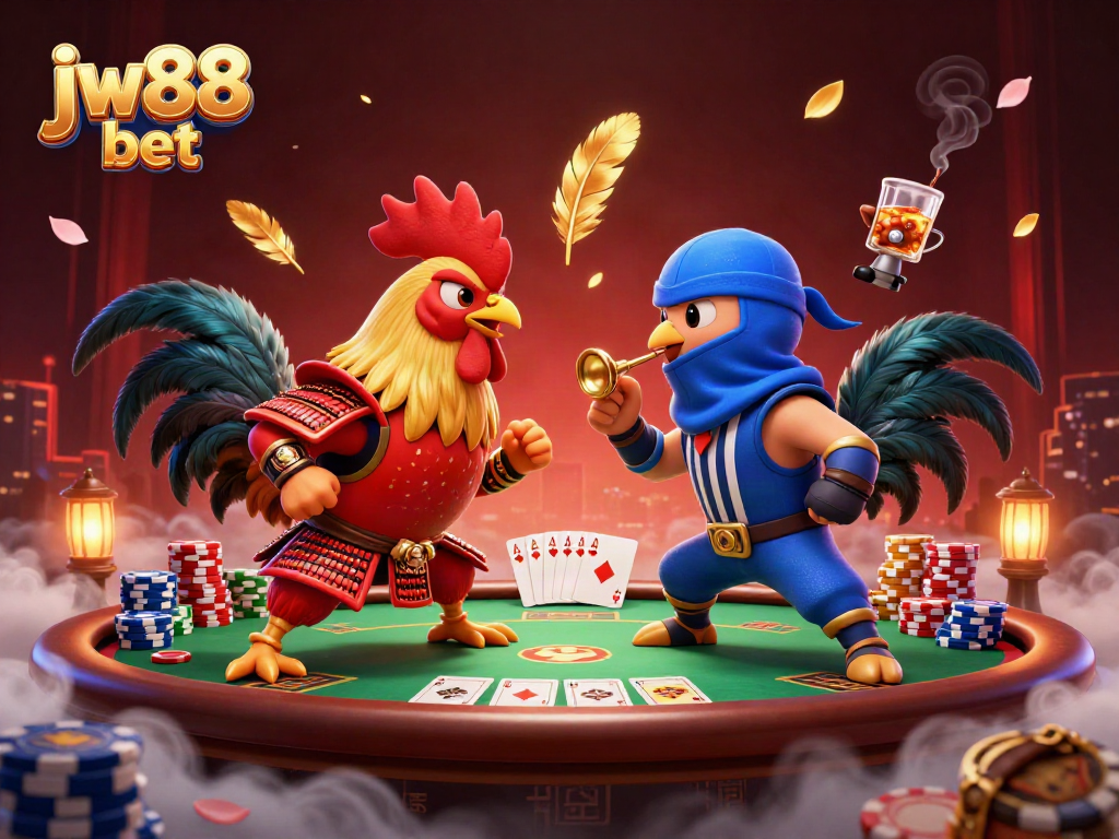 Engage in the thrilling action of jw88 bet with cartoon roosters in a dramatic casino showdown.